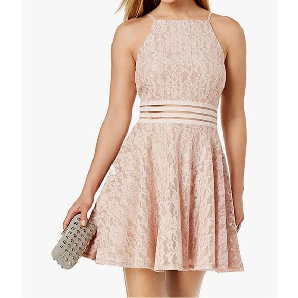 City Studios Lace Illusion Fit & Flare Dress High Neck Mini Blush 3 XS $55 - Picture 1 of 7